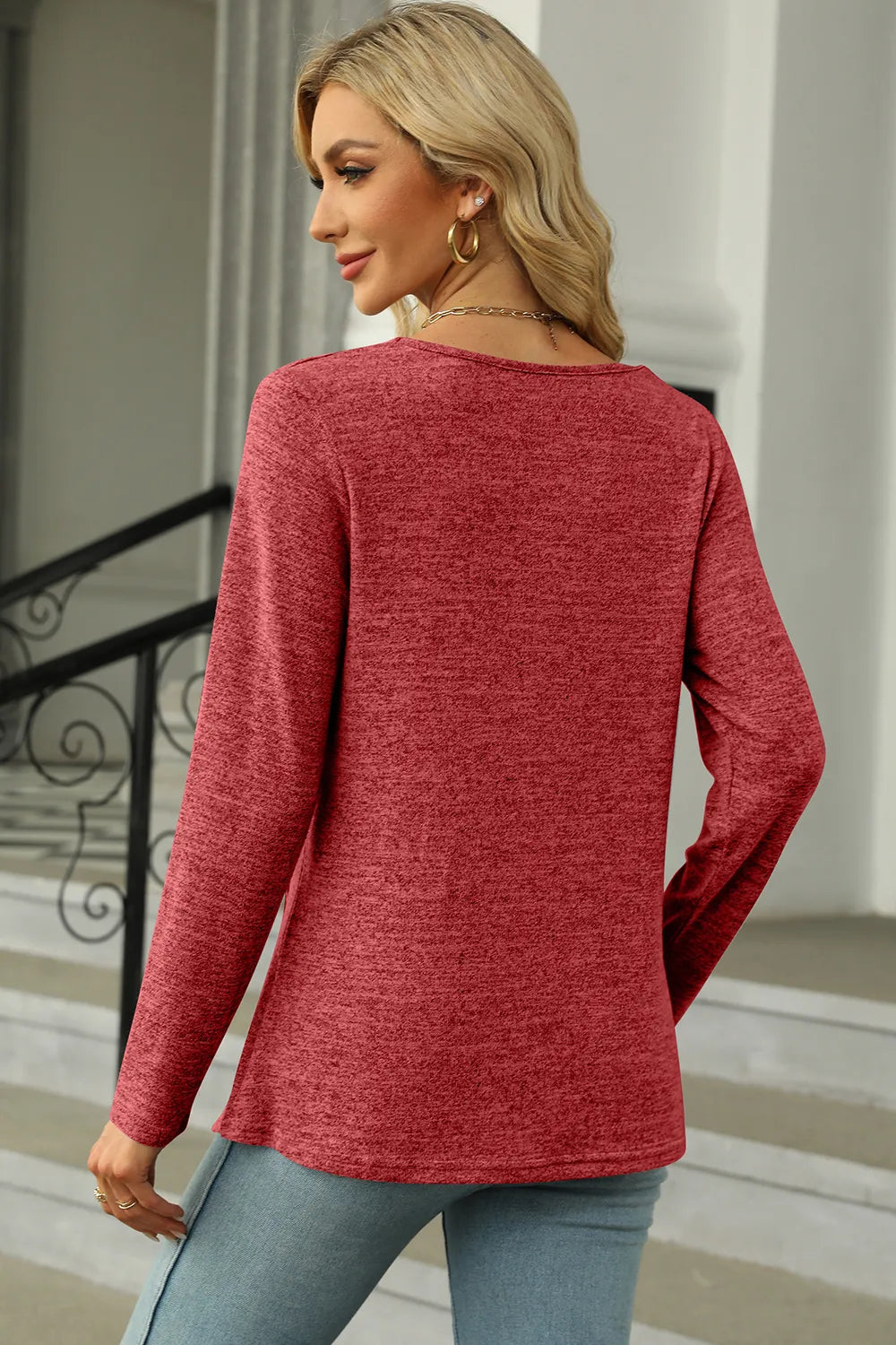 Slit Decorative Button Square Neck T-shirt (2)