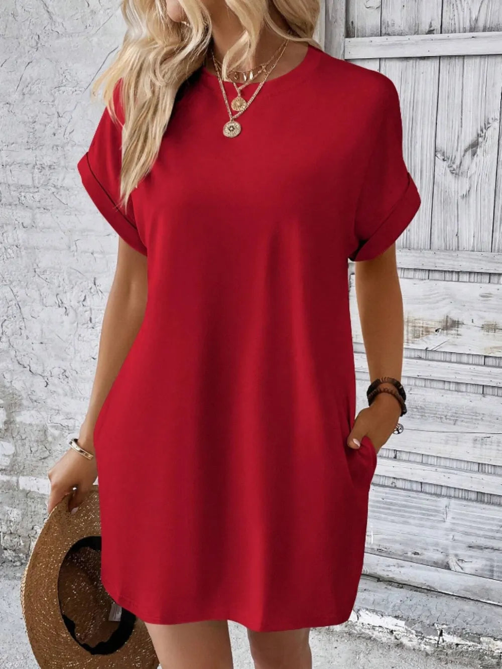 Pocketed Round Neck Short Sleeve Dress (8)
