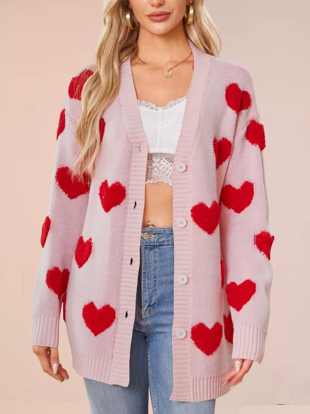 Heart Pattern Knit Button-up Cardigan (5)