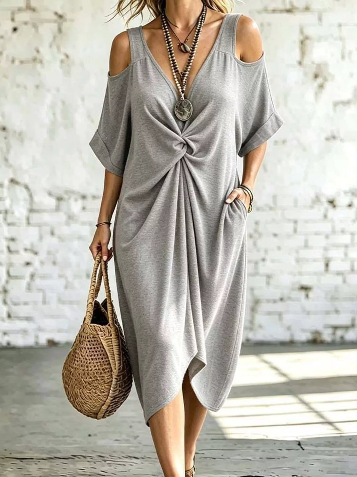 Full Size Cold Shoulder Twist Front Midi Dress Plus (4)