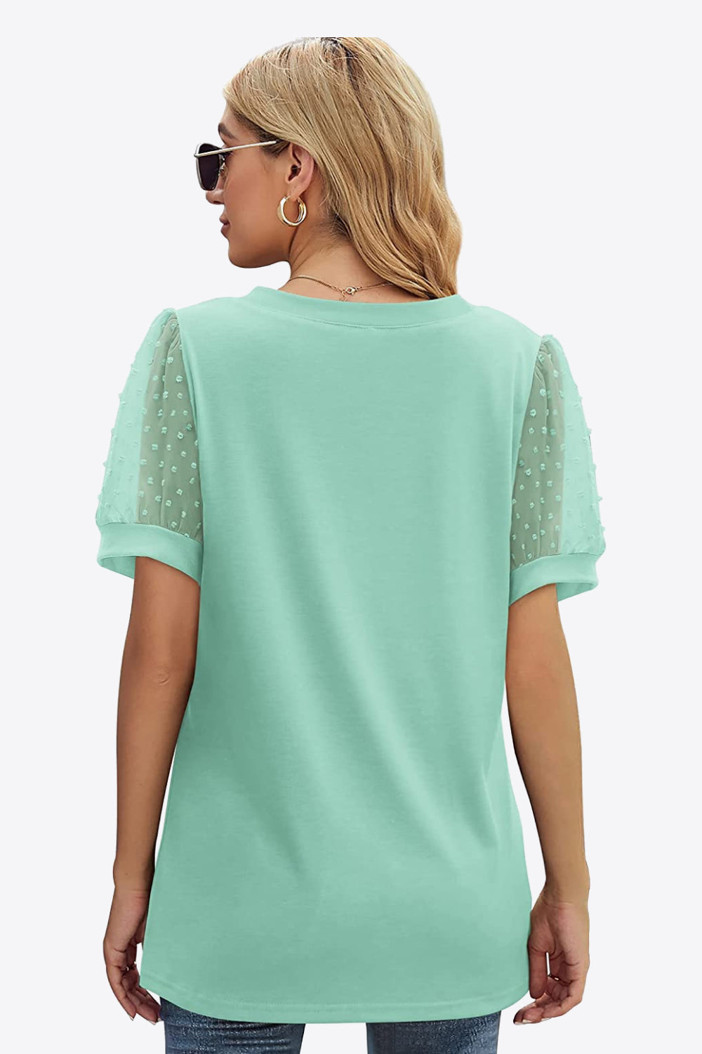 Swiss Dot Puff Sleeve V-neck Tee (28)