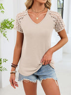Lace Sleeve V-neck Waffle Knit T-shirt (10)