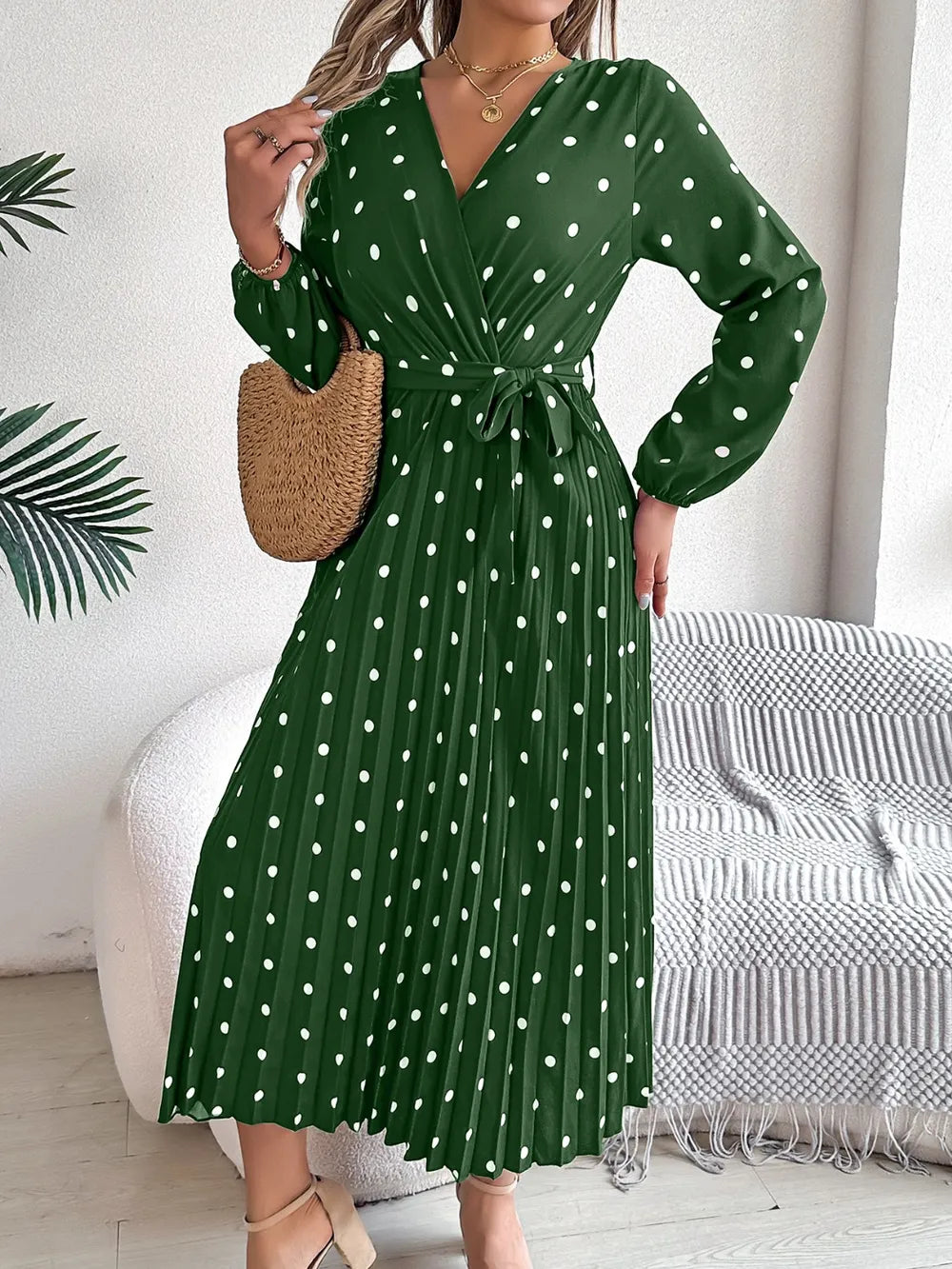 Tied Polka Dot Long Sleeve Midi Dress (19)