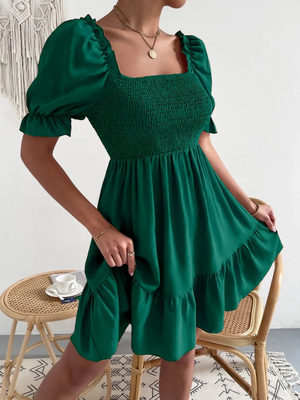 Smocked Square Neck Short Sleeve Dress (4)