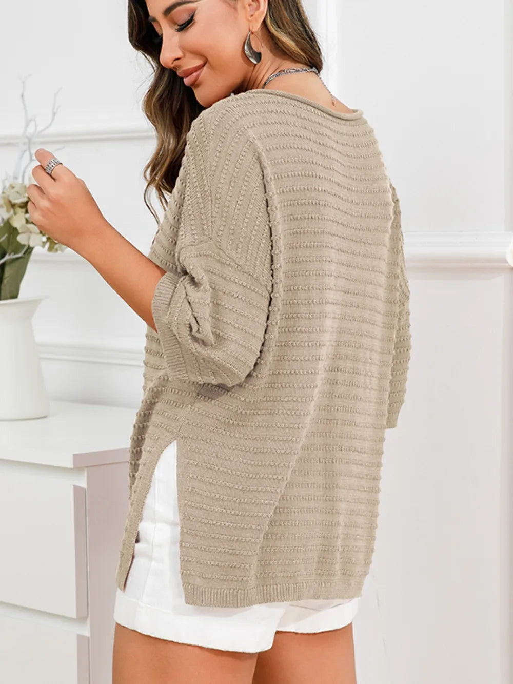 Rolled Round Neck Dropped Shoulder Slit Sweater (19)