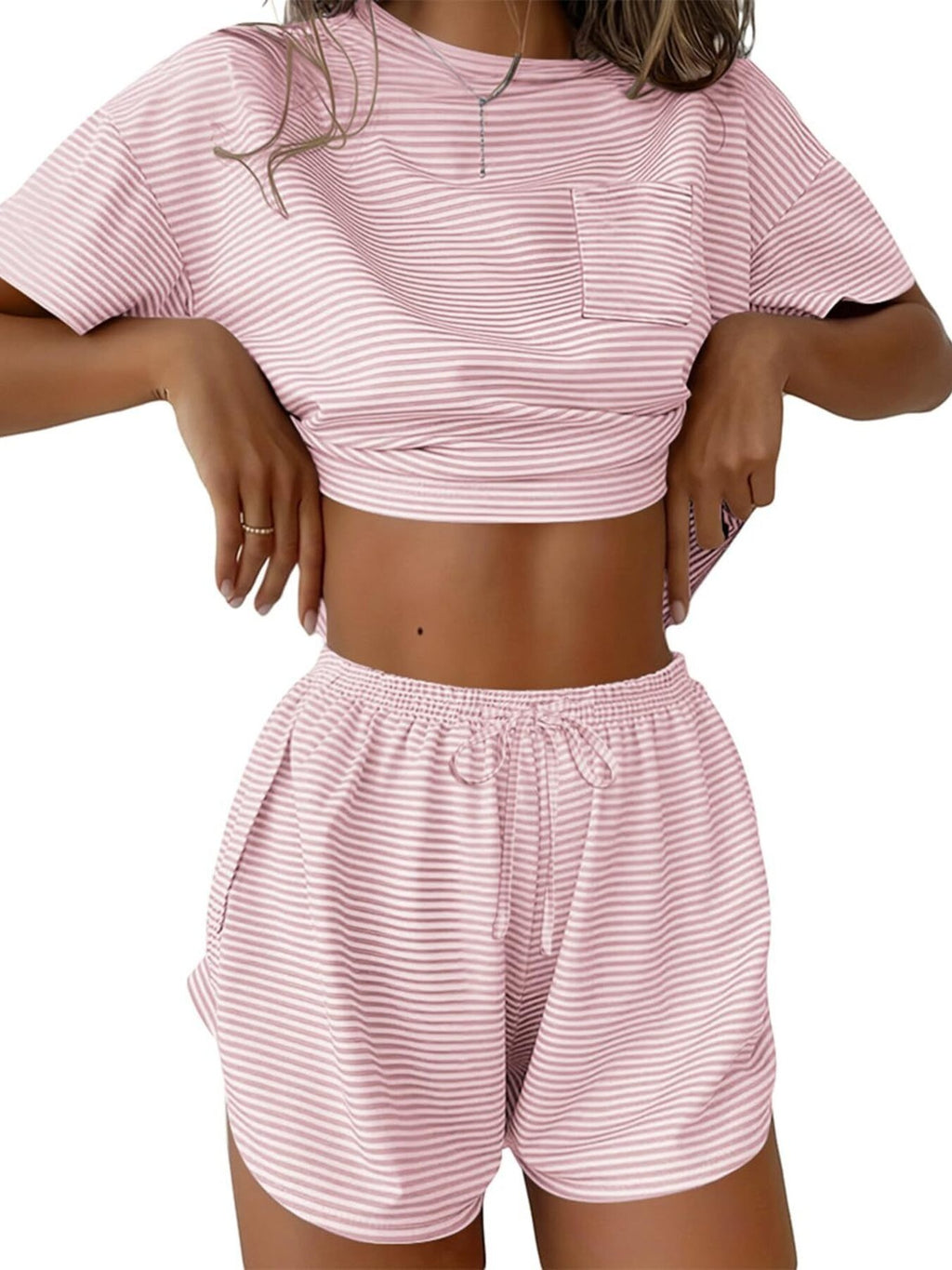 Printed Round Neck Tee Shorts Set (13)