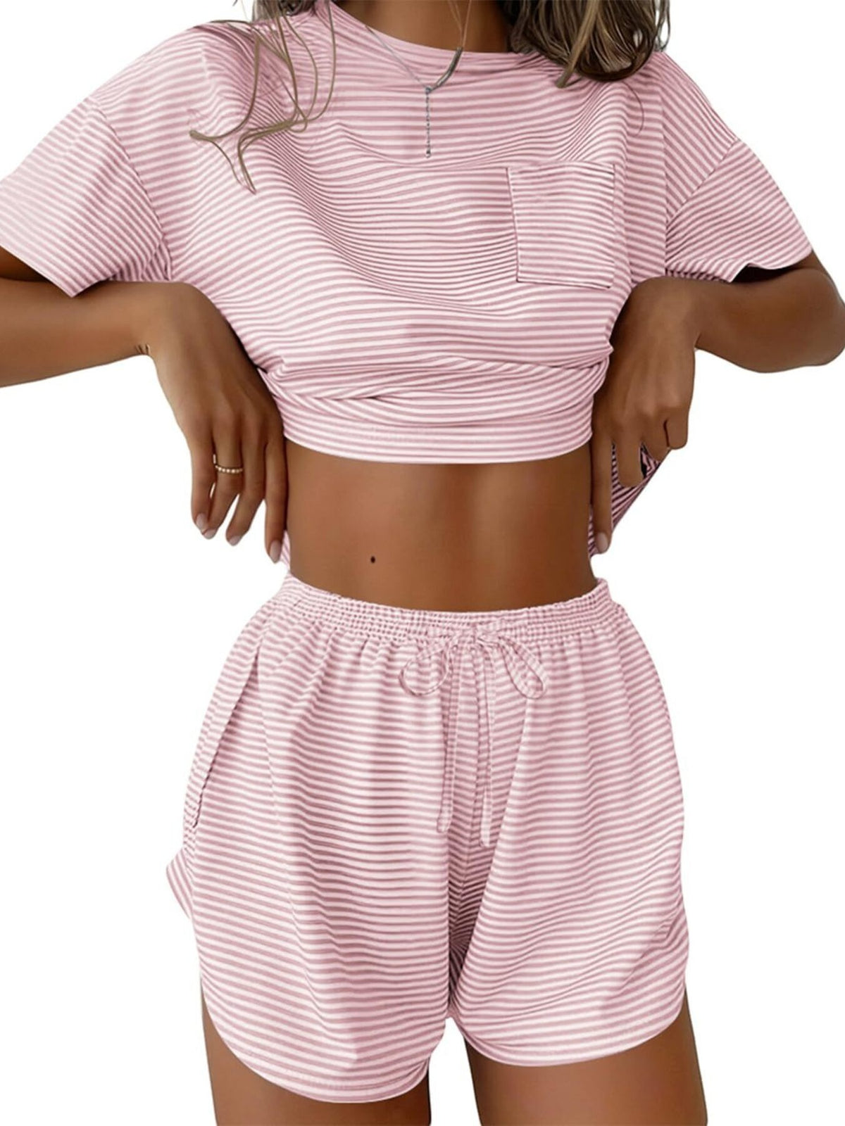 Printed Round Neck Tee Shorts Set (13)