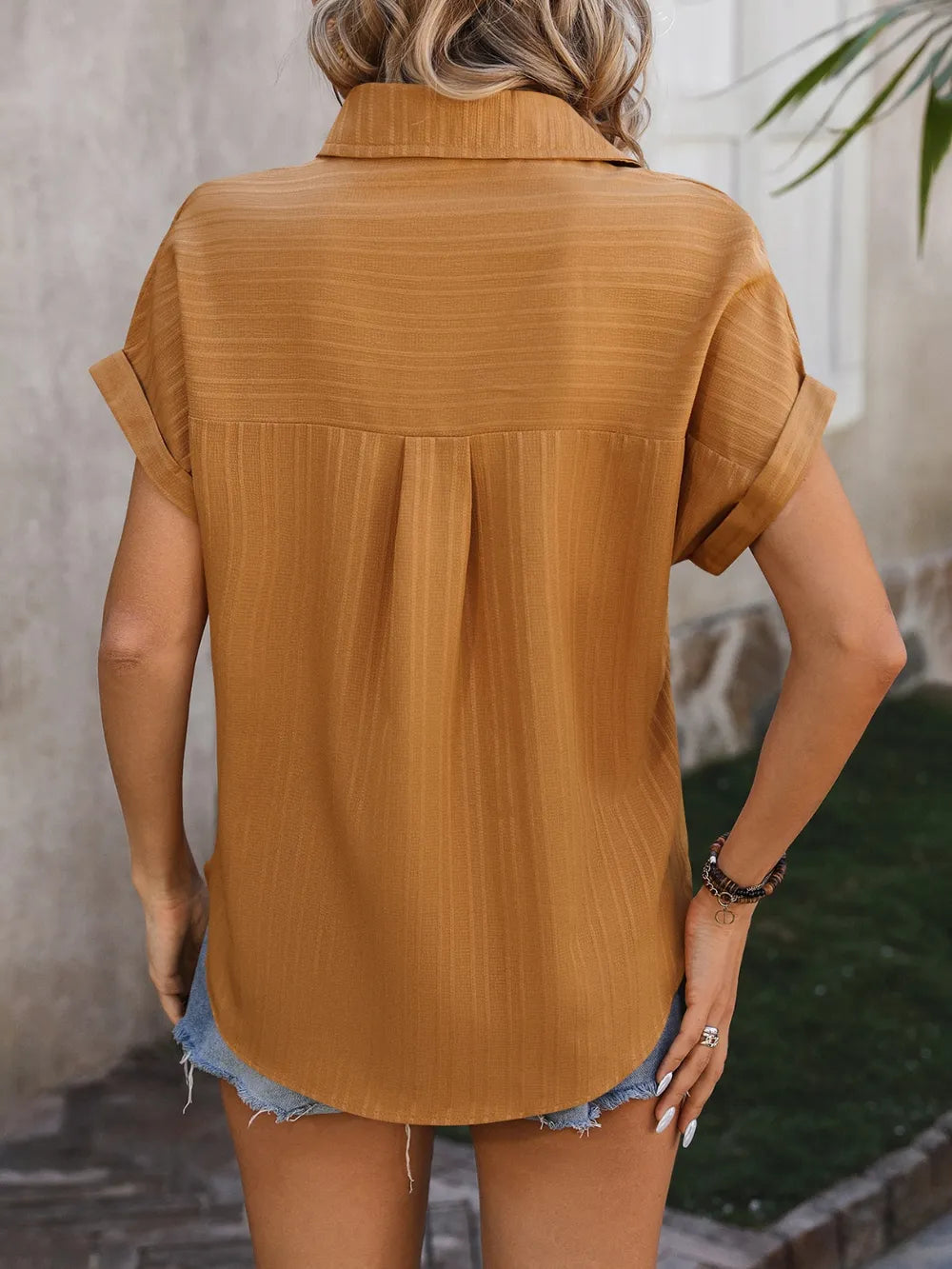 Textured Button Up Cap Sleeve Shirt (12)