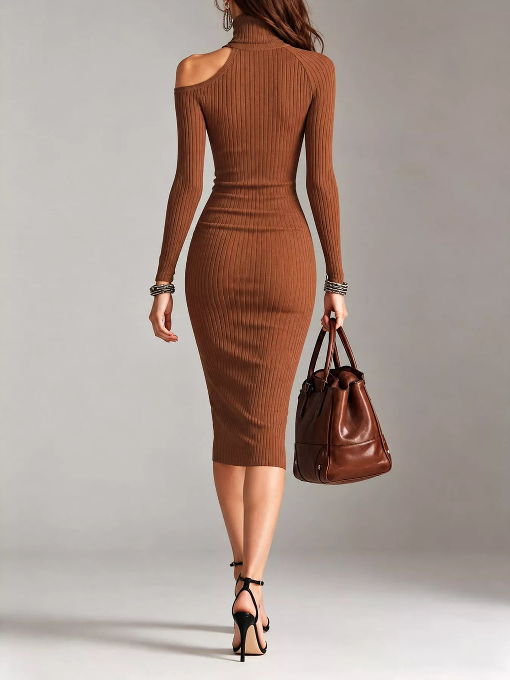 Cold-shoulder Turtleneck Ribbed Knit Dress (11)