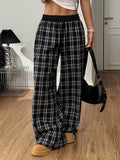 Plaid Wide-leg Pants Elastic Waistband