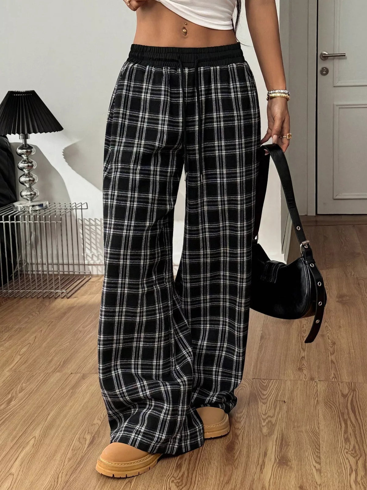 Plaid Wide-leg Pants Elastic Waistband