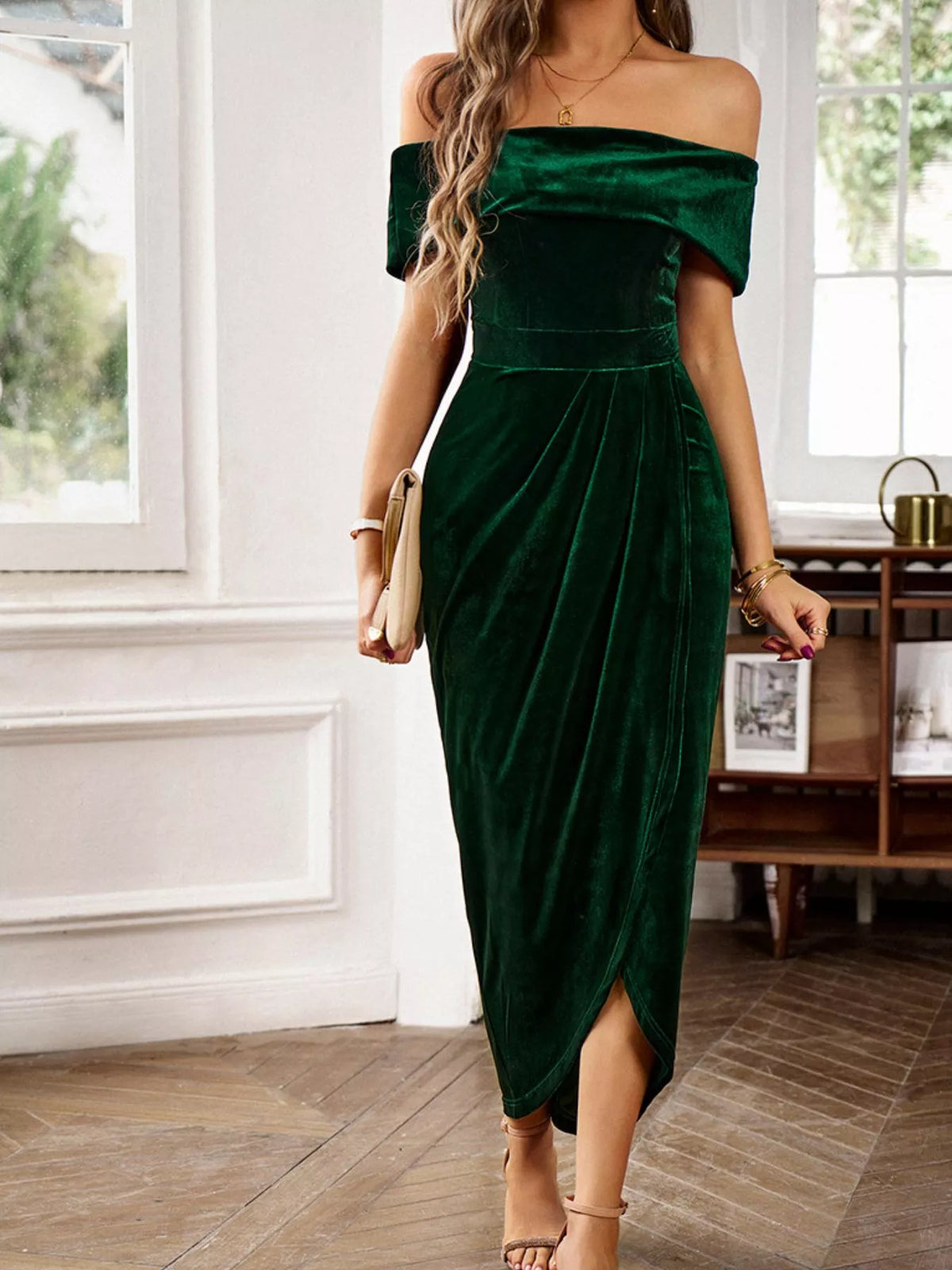 Velvet Off-shoulder Ruched Midi Dress (10)