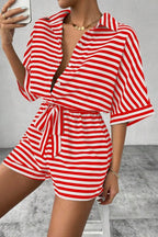 Striped Collared Neck Tie Waist Romper (16)
