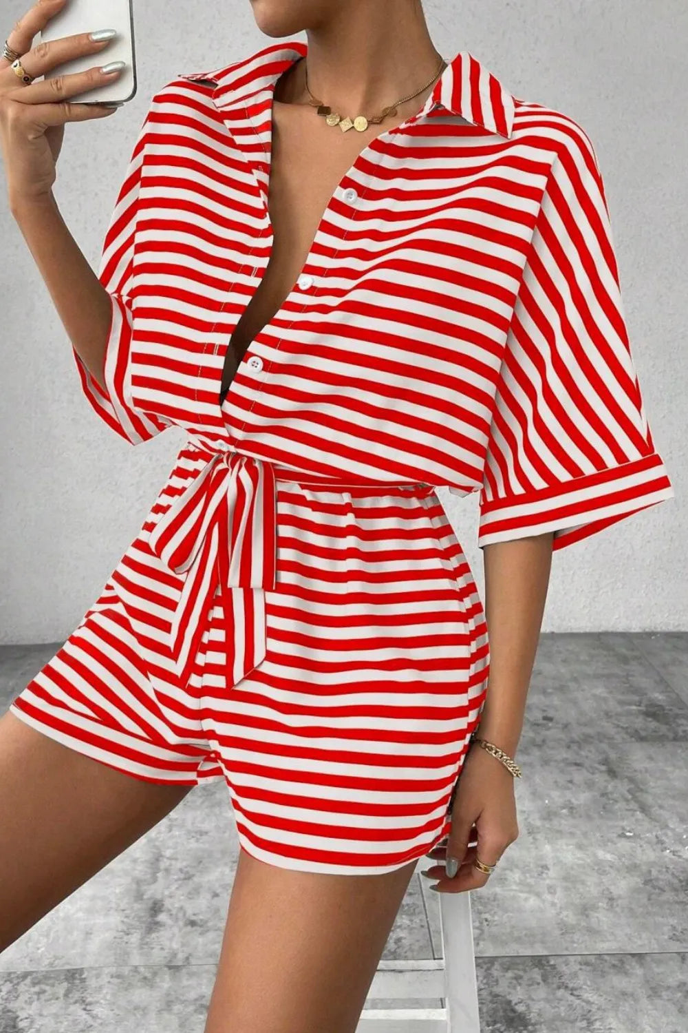 Striped Collared Neck Tie Waist Romper (16)