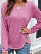 Casual Long Sleeve Exposed Seam T-shirt Decor Button (2)