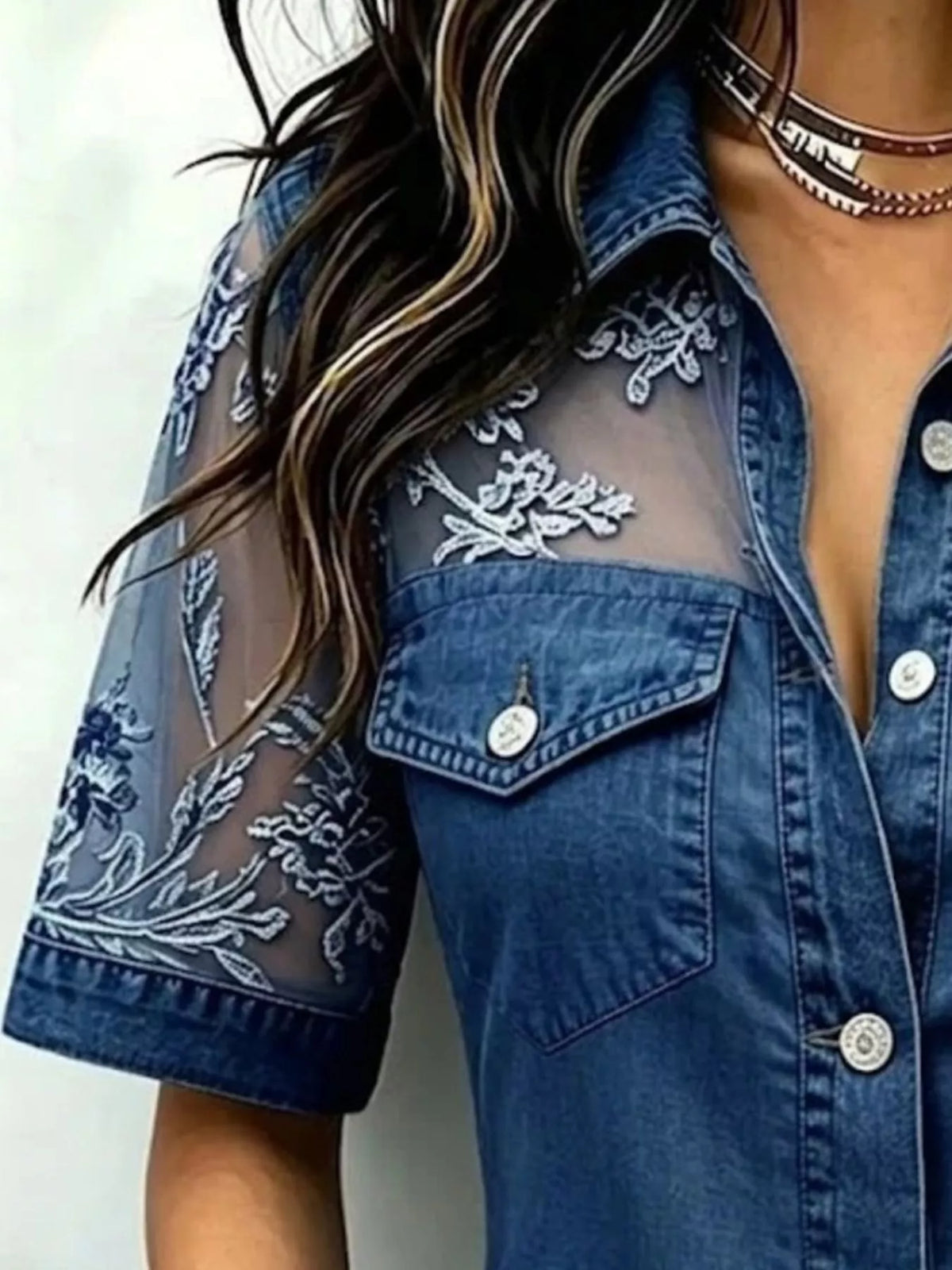 Full Size Denim Look Lace Short Sleeve Shirt Plus (4)