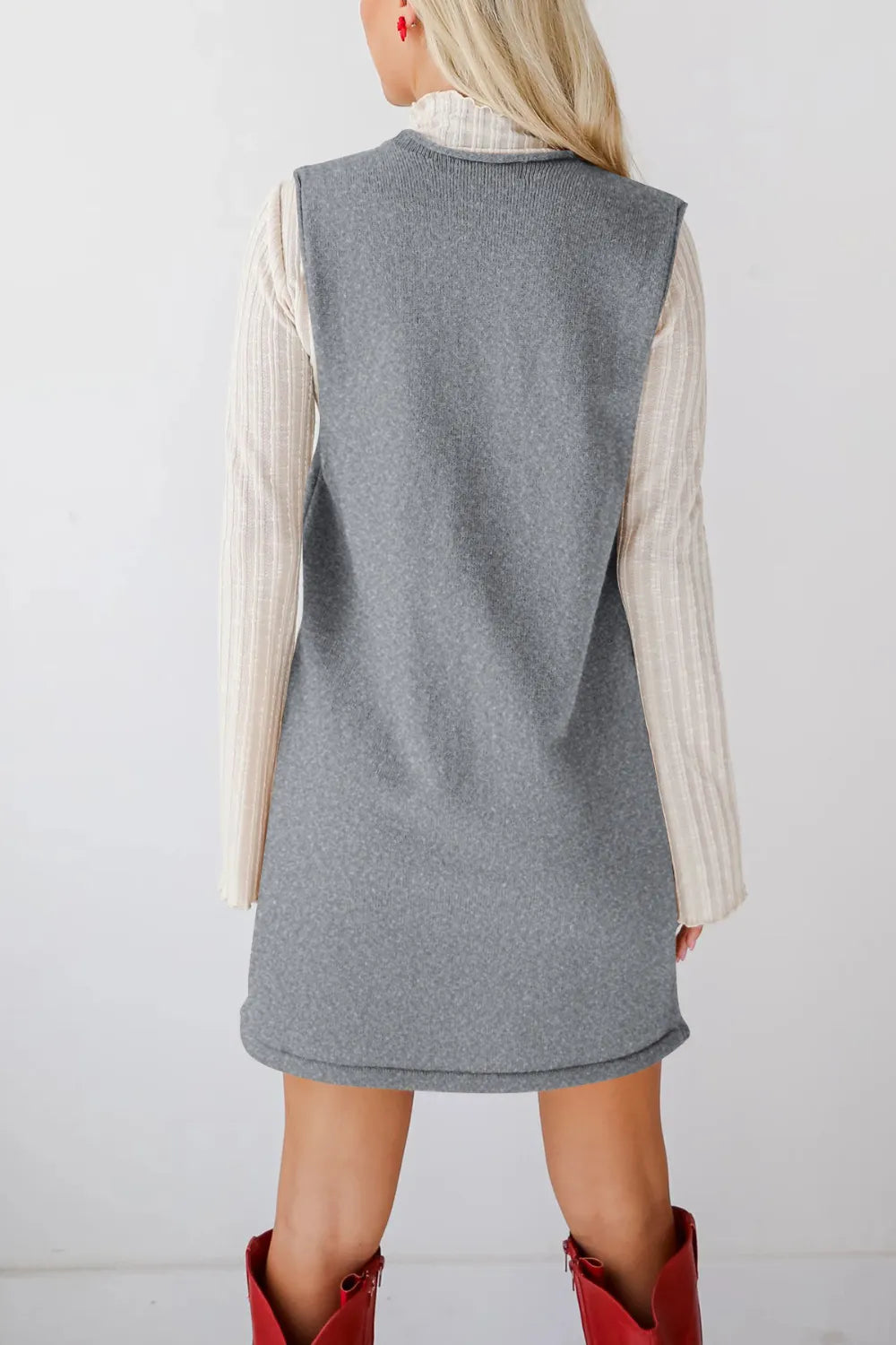 Pocketed V-neck Mini Sweater Overall Dress (22)