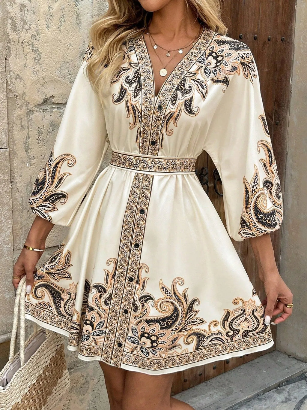 Printed V-neck Balloon Sleeve Mini Dress (16)