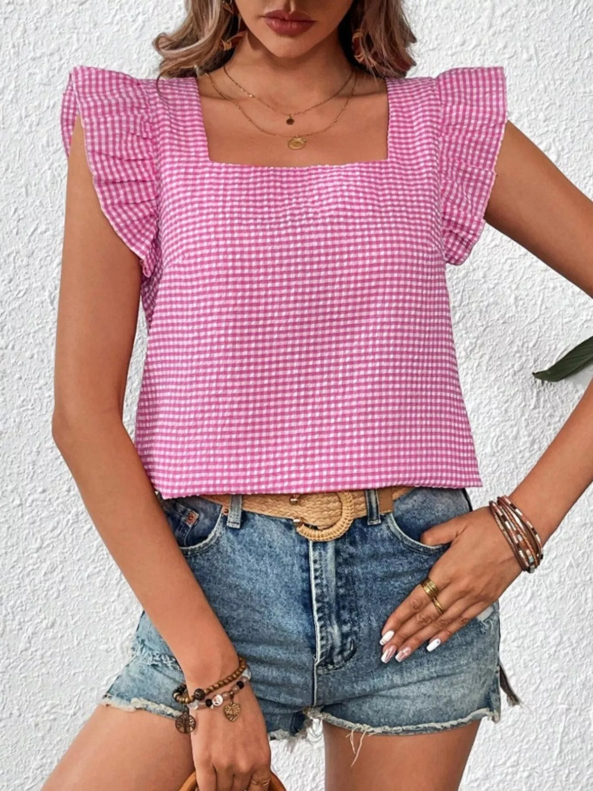 Gingham Ruffle Sleeve Square Neck Blouse (7)