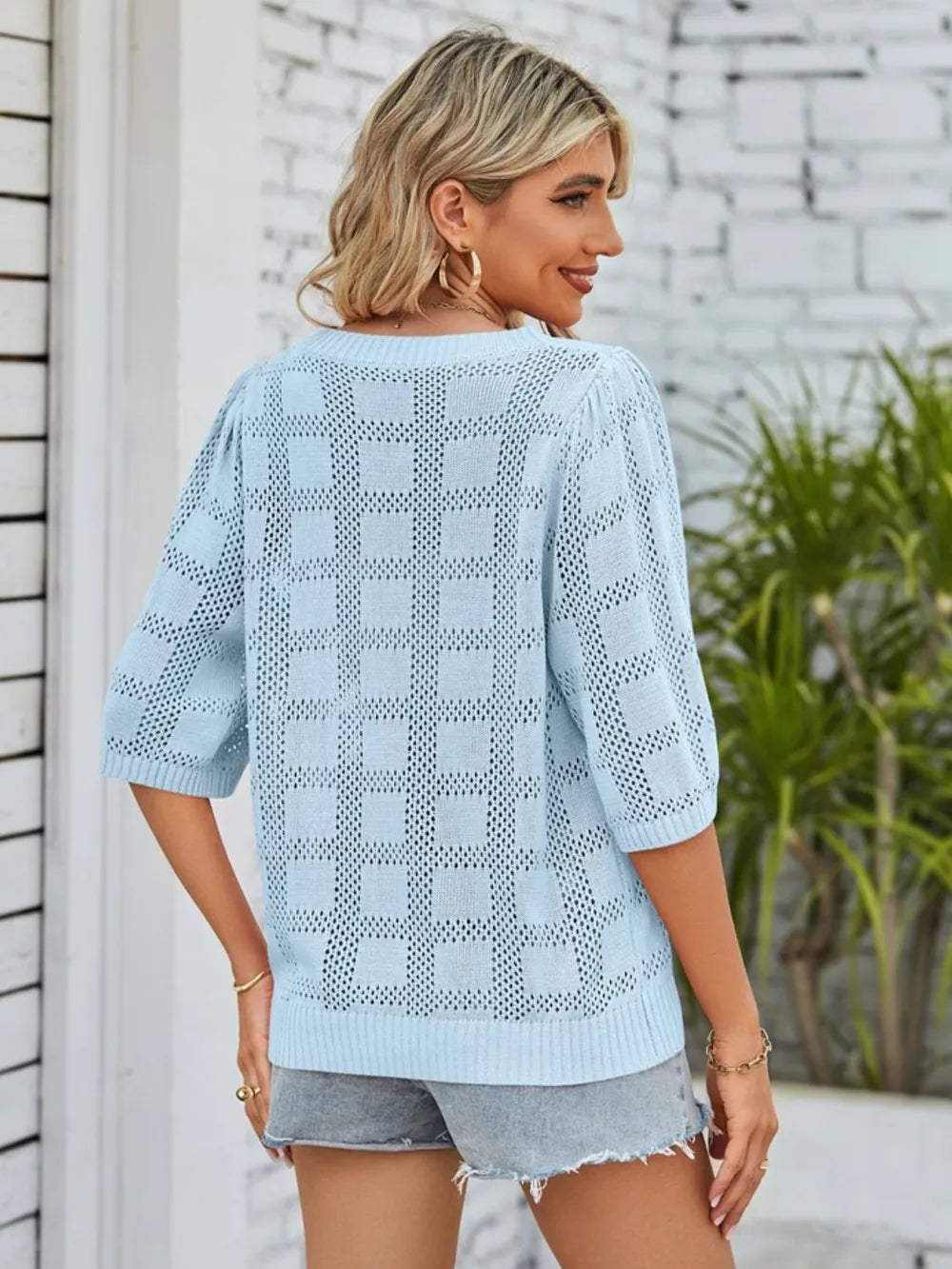 Openwork Round Neck Knit Top (8)