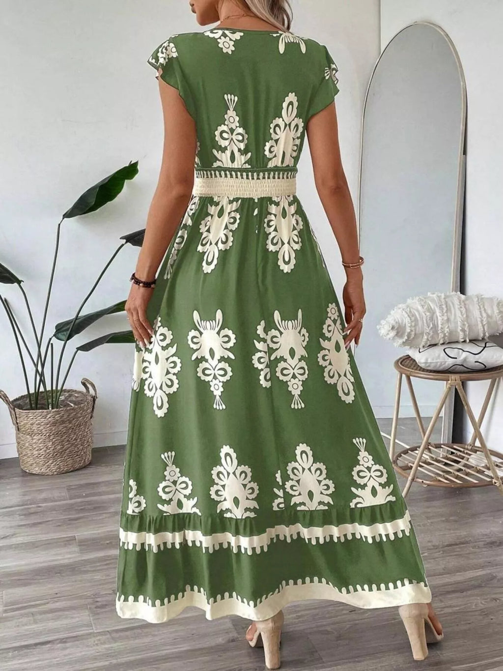 Printed V-neck Ruffled Cap Sleeve Dress (3)
