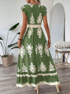 Printed V-neck Ruffled Cap Sleeve Dress (3)