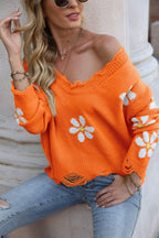 Flower Distressed Ribbed Trim Sweater (6)