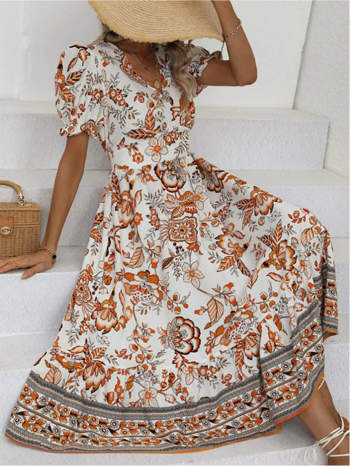 Floral Print Puff Sleeve Wrap Midi Dress (22)
