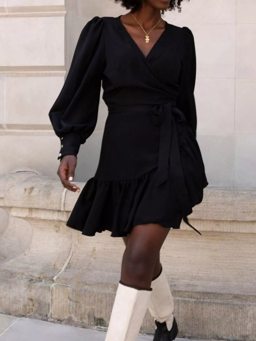 Printed Surplice Long Sleeve Wrap Mini Dress (3)