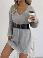 V-neck Ribbed Knit Sweater Dress (4)