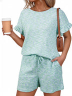 Ruffle Sleeve Textured Top Shorts Set (17)
