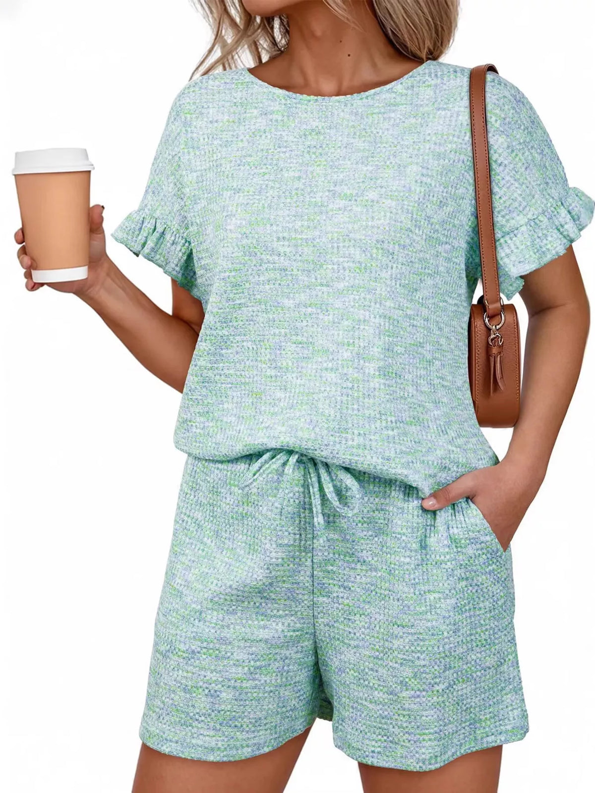 Ruffle Sleeve Textured Top Shorts Set (17)