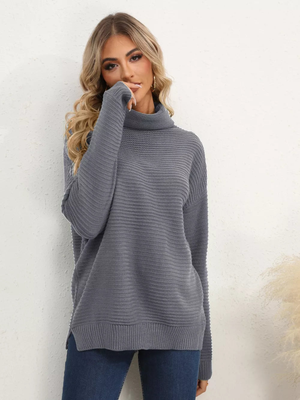 Slit Turtleneck Dropped Shoulder Sweater (21)