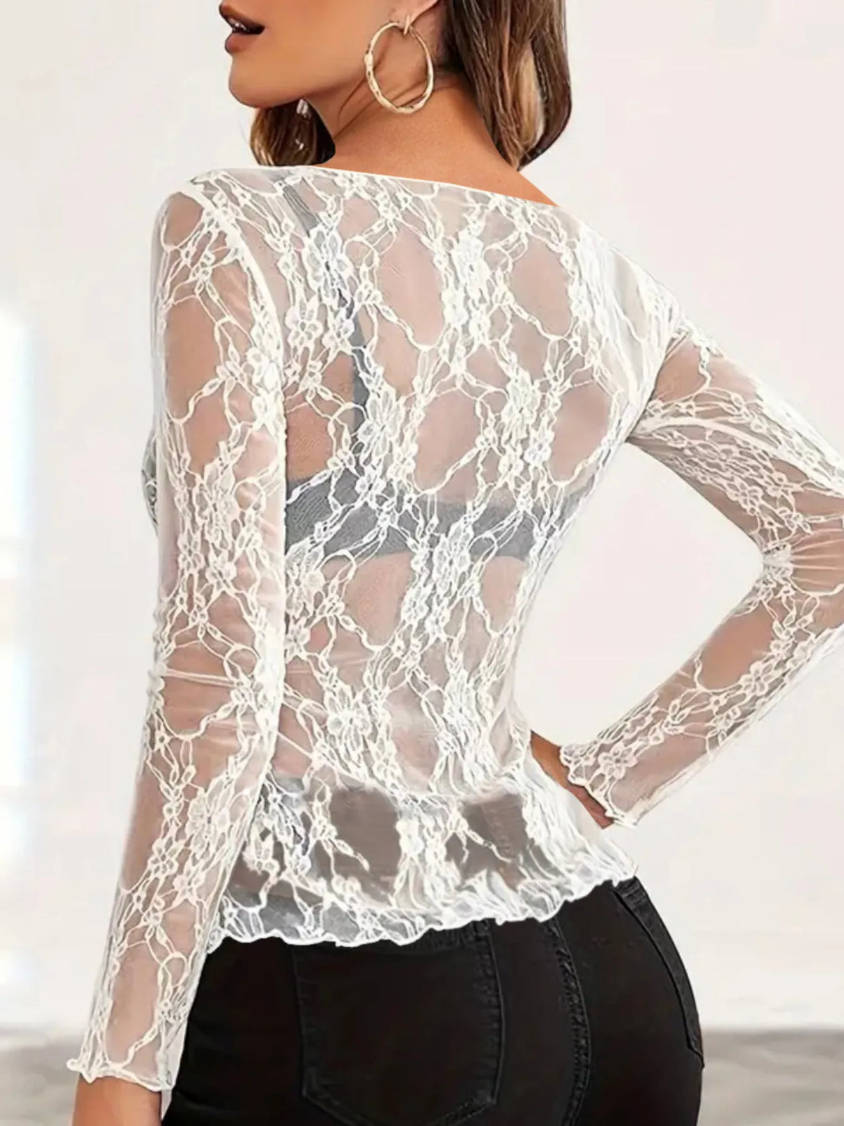 Mesh Floral Lace Long Sleeve T-shirt (3)