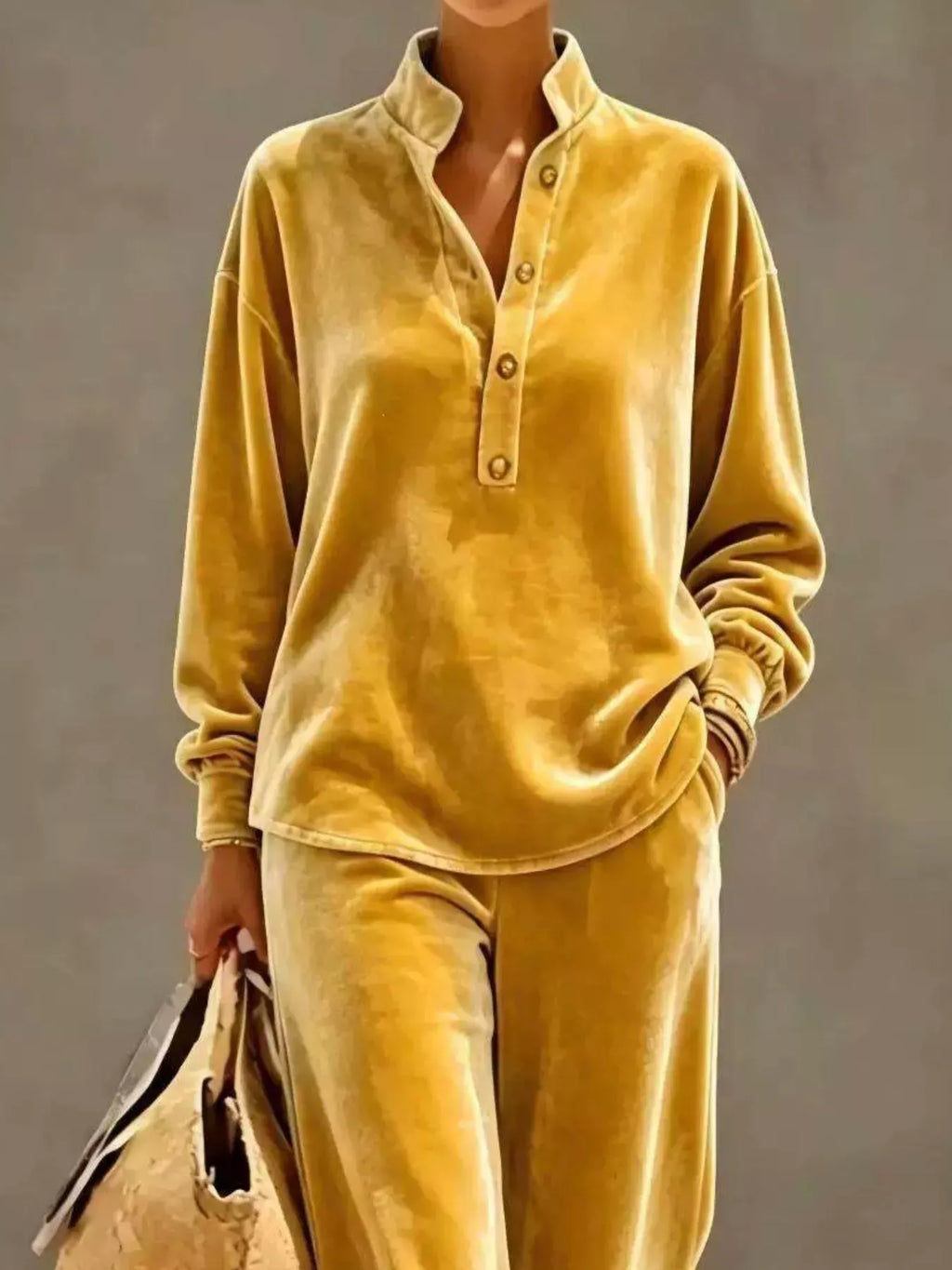Full Size Half Button Top Wide Leg Pants Set Plus (6)