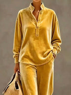Full Size Half Button Top Wide Leg Pants Set Plus (6)