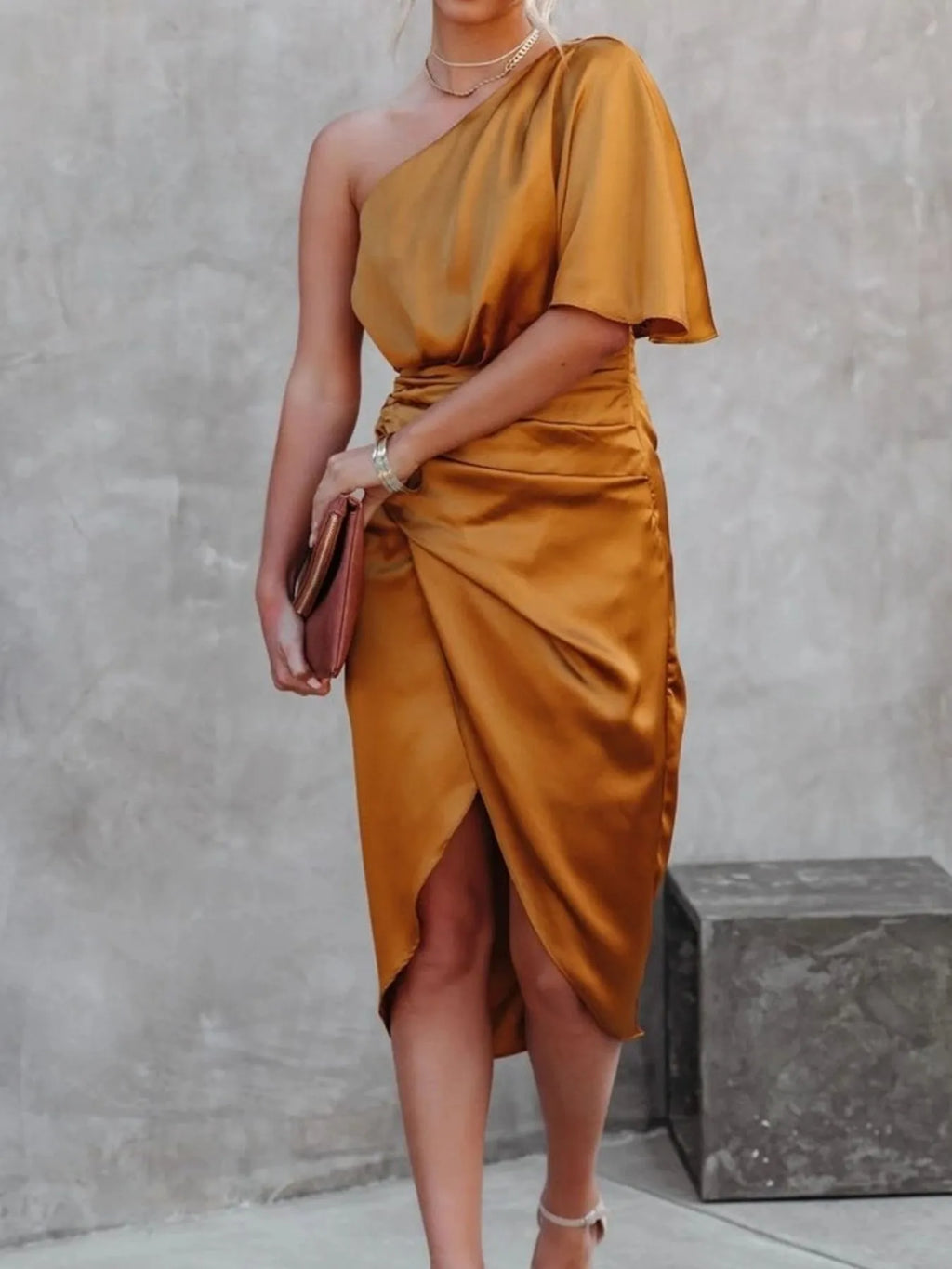 One-shoulder Satin Wrap Dress Side Slit (8)