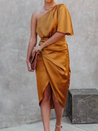 One-shoulder Satin Wrap Dress Side Slit (8)