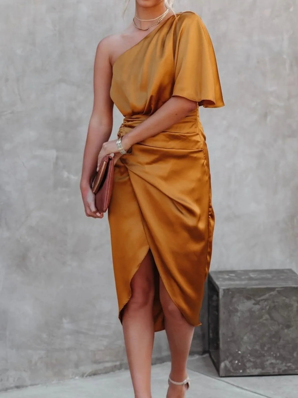 One-shoulder Satin Wrap Dress Side Slit (8)
