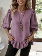 Casual Puff Sleeve Ruffle Hem Blouse (9)