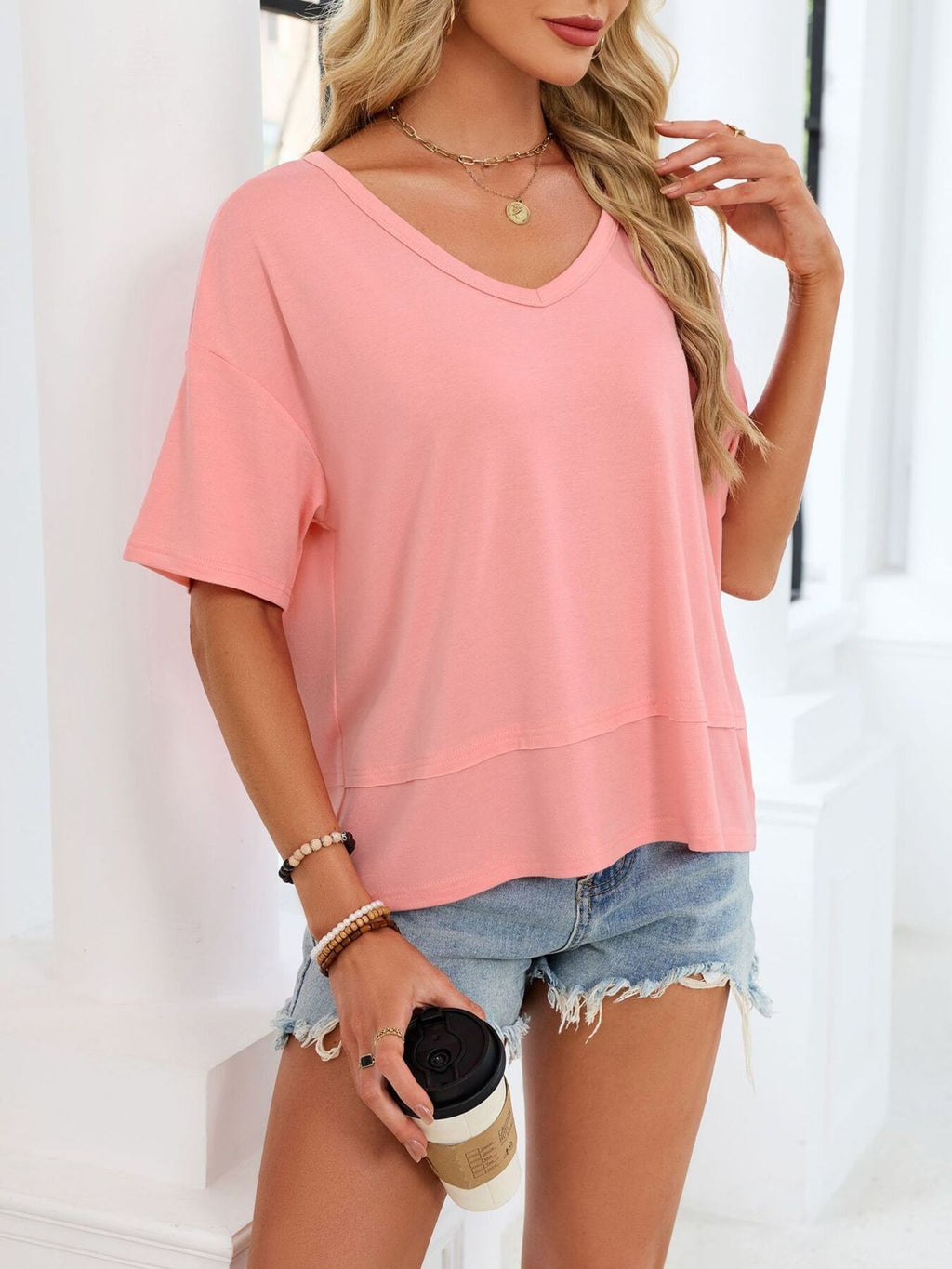 V-neck Relaxed Fit Solid Color T-shirt (16)