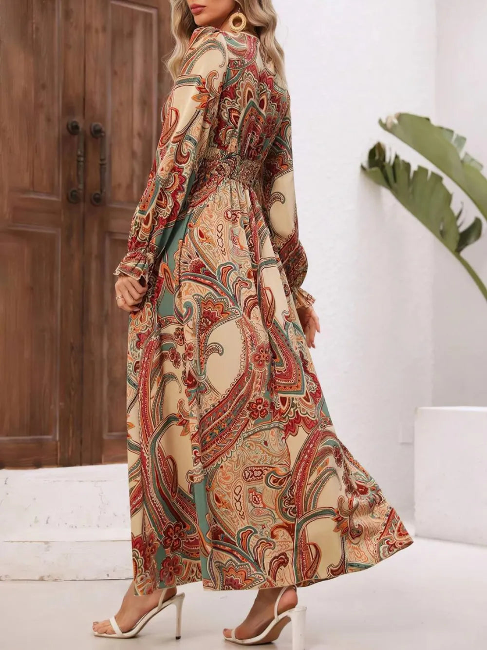 Smocked Printed V-neck Flounce Sleeve Dress (2)