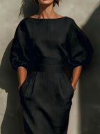 Round Neck Puff Sleeves Midi Dress (4)