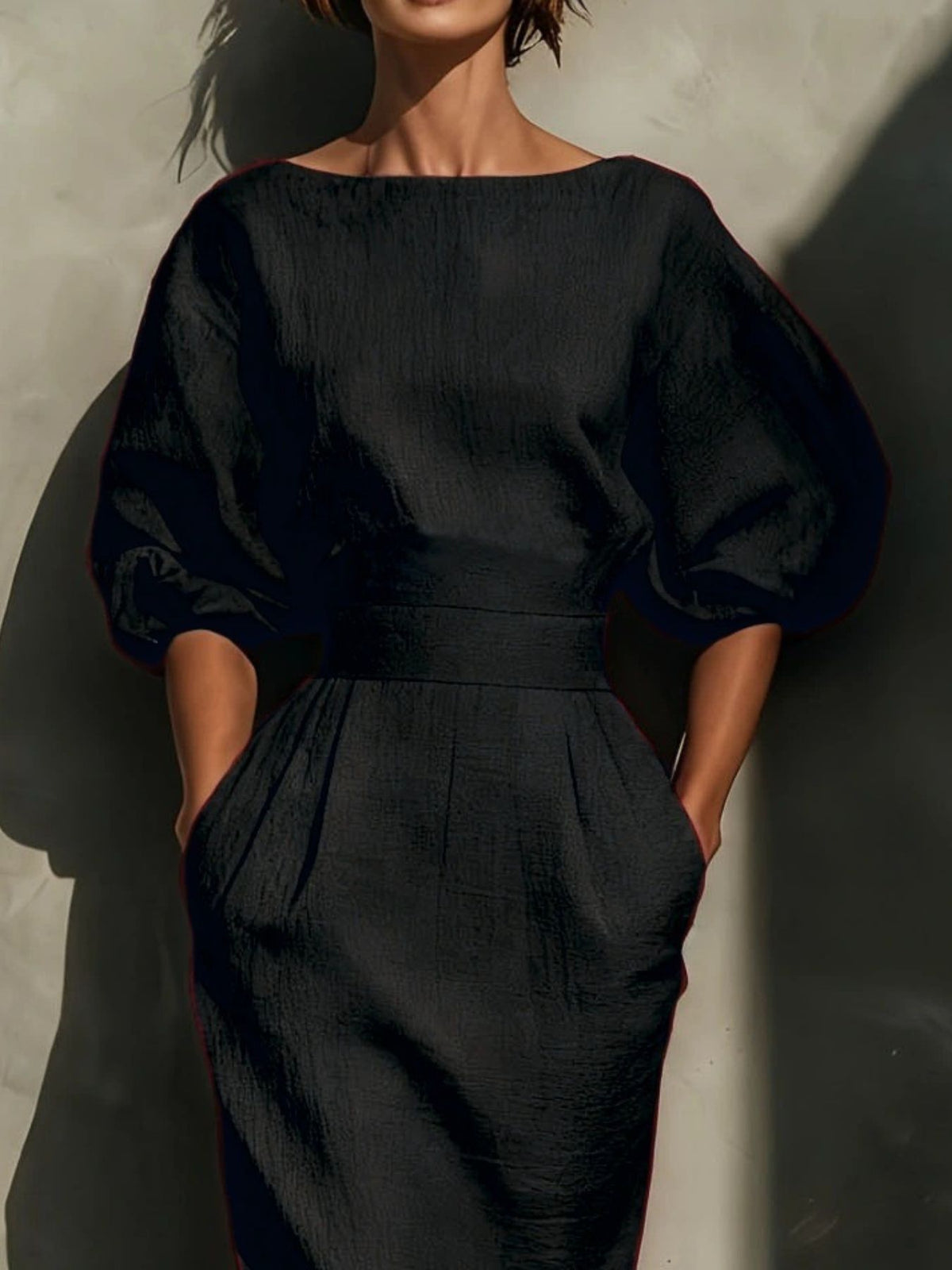 Round Neck Puff Sleeves Midi Dress (4)