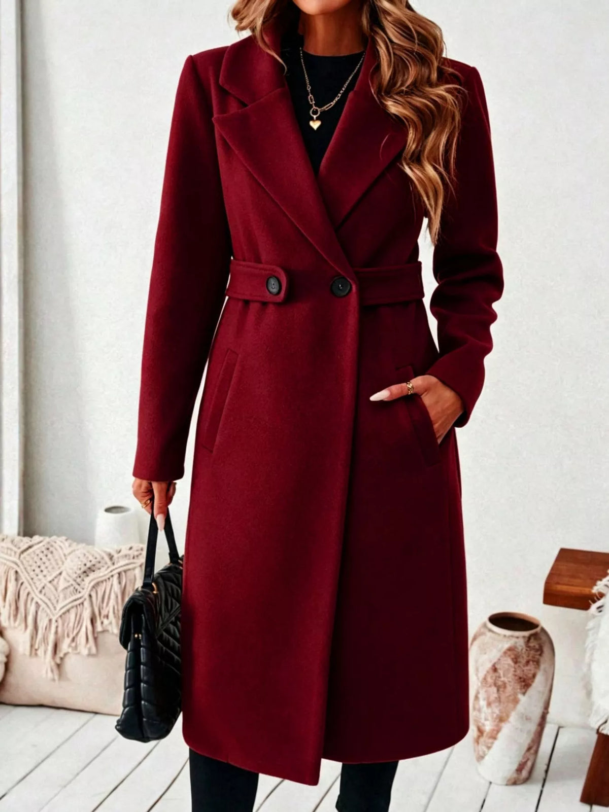 Full Size Elegant Lapel Collar Belted Coat Pockets Plus (12)