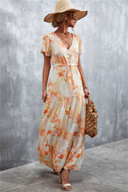 Floral Buttoned Drawstring Waist Tiered Dress (13)