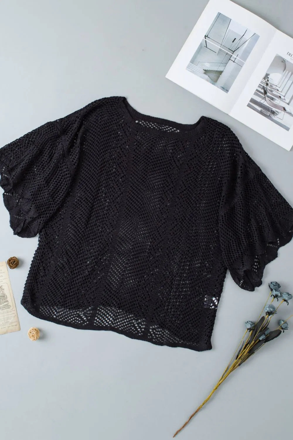 Scallop Edge Half Sleeve Pointelle Knit Top (10)