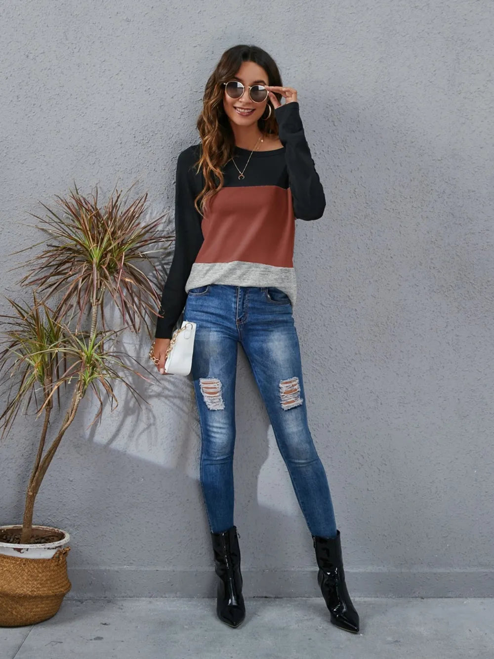 Block Round Neck Long Sleeve T-shirt (9)