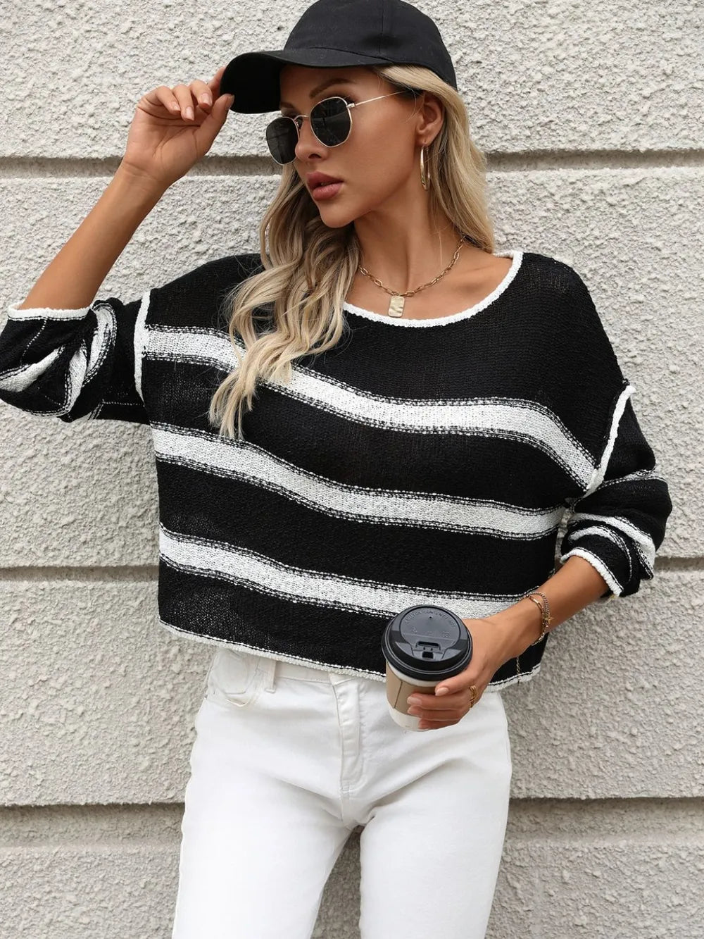 Striped Round Neck Long Sleeve Sweater (6)