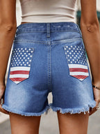 American Flag Raw Hem Denim Shorts Pockets (7)